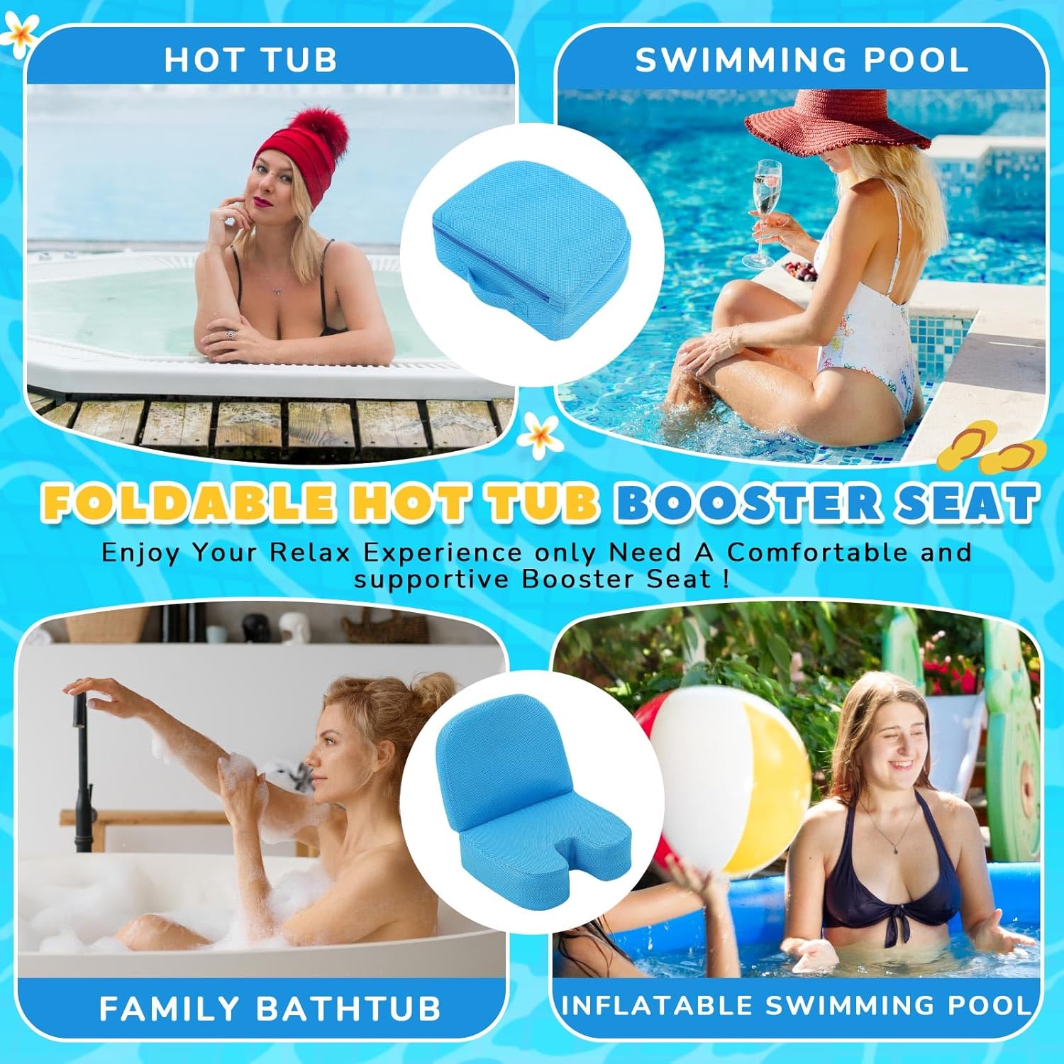 Yerliker 2 Pcs Foldable Hot Tub Booster Seat for Adults, Adjustable 2 Heights up to 6.3" Weighted Bath Seat with Non-slip Bottom 3D Air Mesh Hot Tub Accessories Quick Dry for Pool Spa Bathtub Swimming