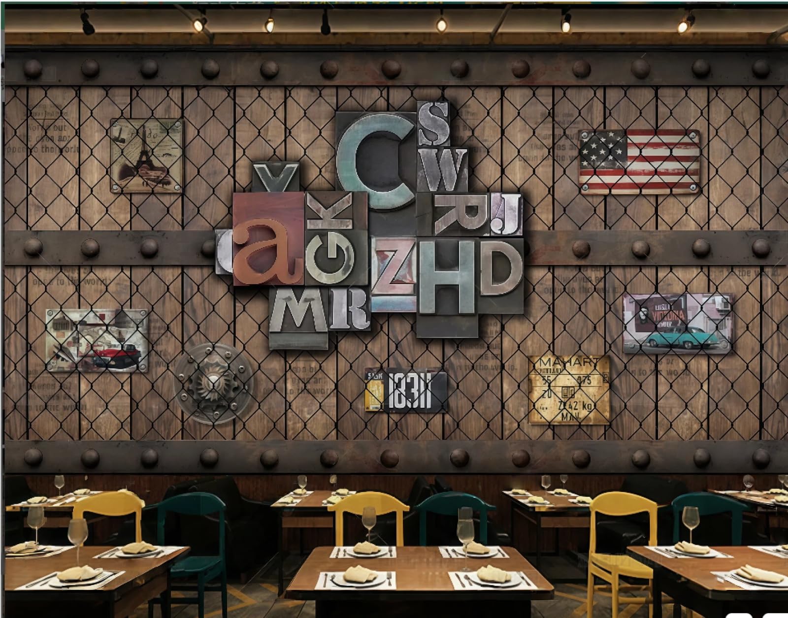 rskjdghshd Wallpaper Nostalgic Retro Barbed Wire English Letters Bar Shopping Mall Western Restaurant Background Wall Mural Afternoon Tea Coffee Shop Wallpaper,3D,250x175cm
