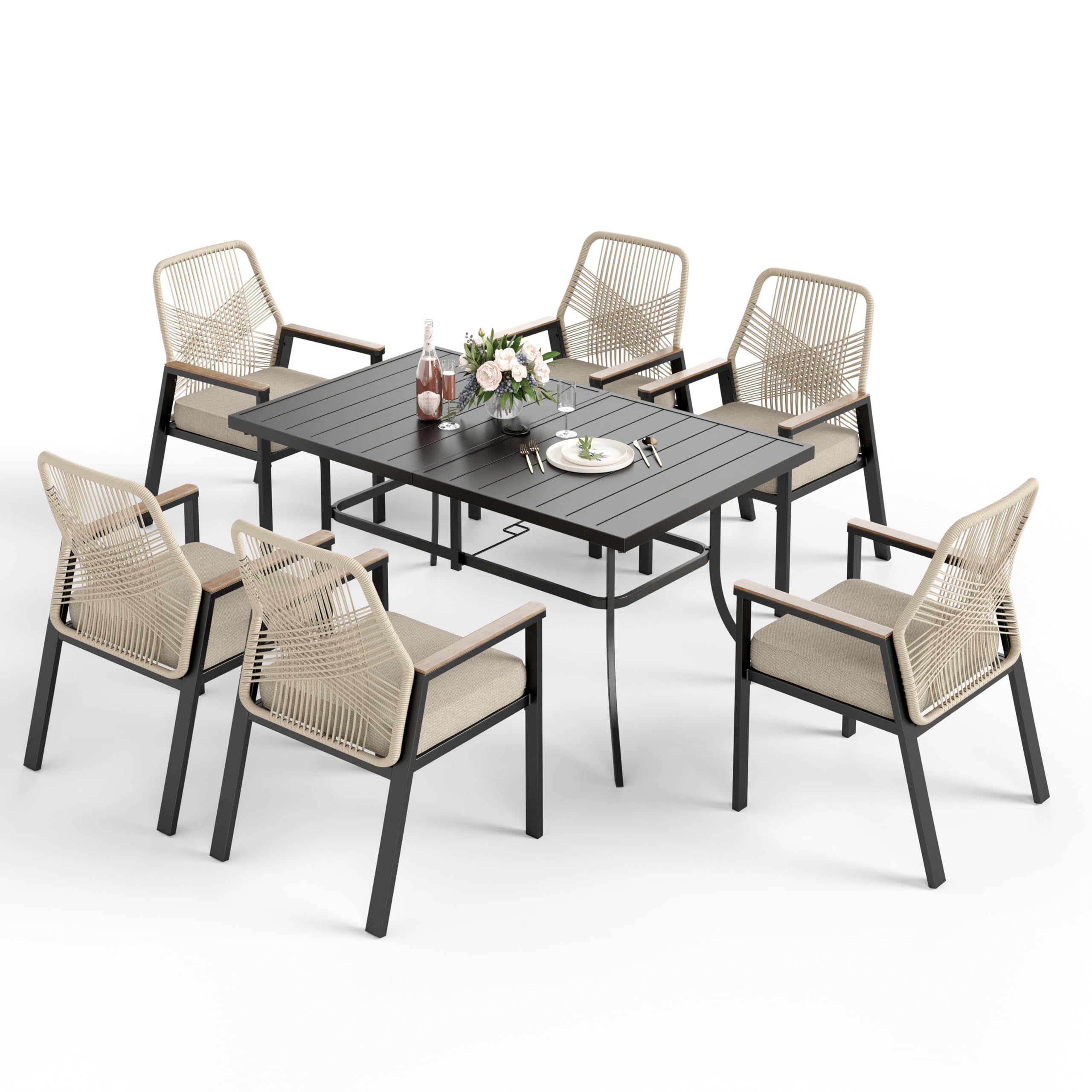 PHI VILLA Table Chaise de Jardin Exterieur, Table a Manger avec 6 Chaises Rotin avec Trou de Parasol Fer Forgé Terrasse Balcon