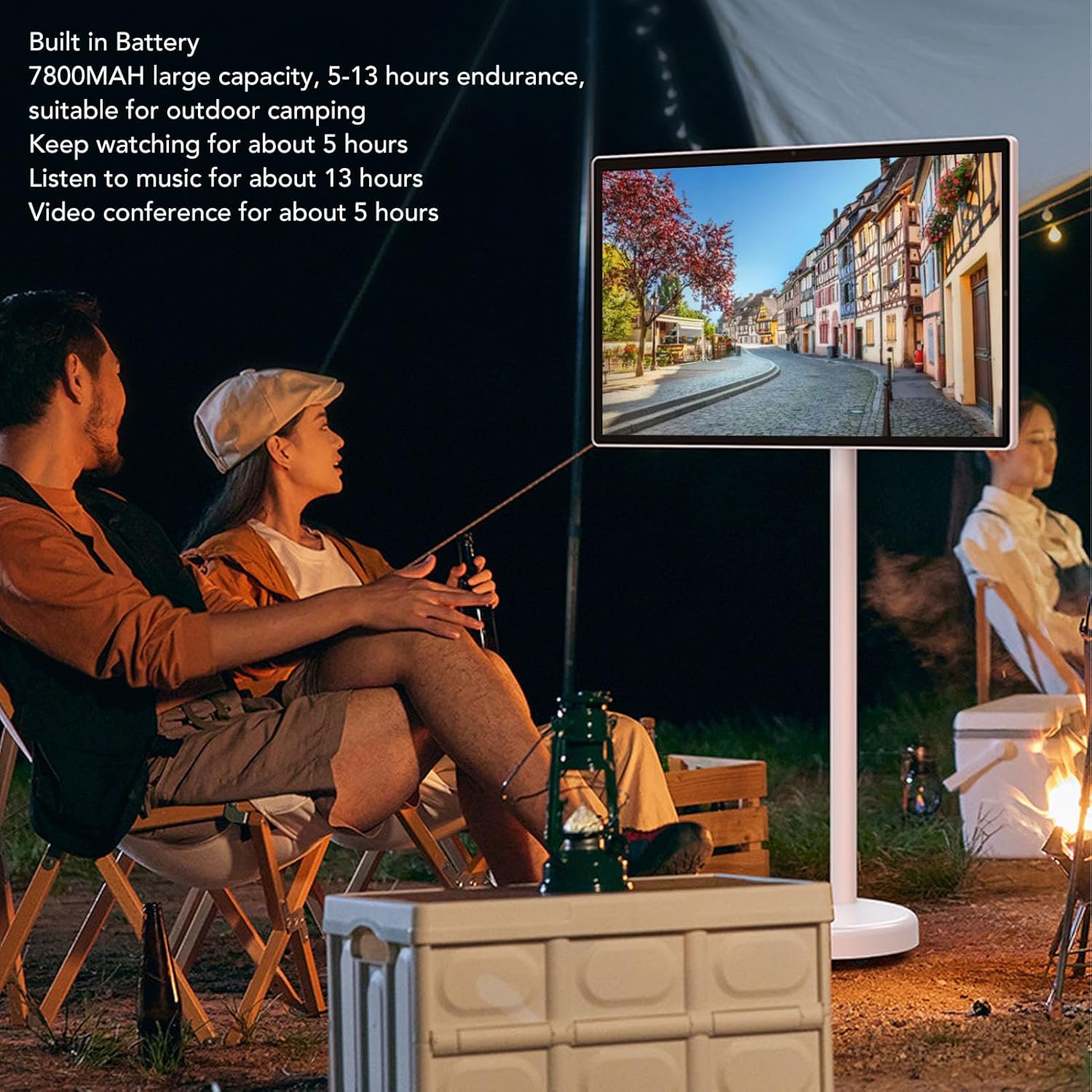 Couple watching the Bewinner Smart Screen outdoors at night
