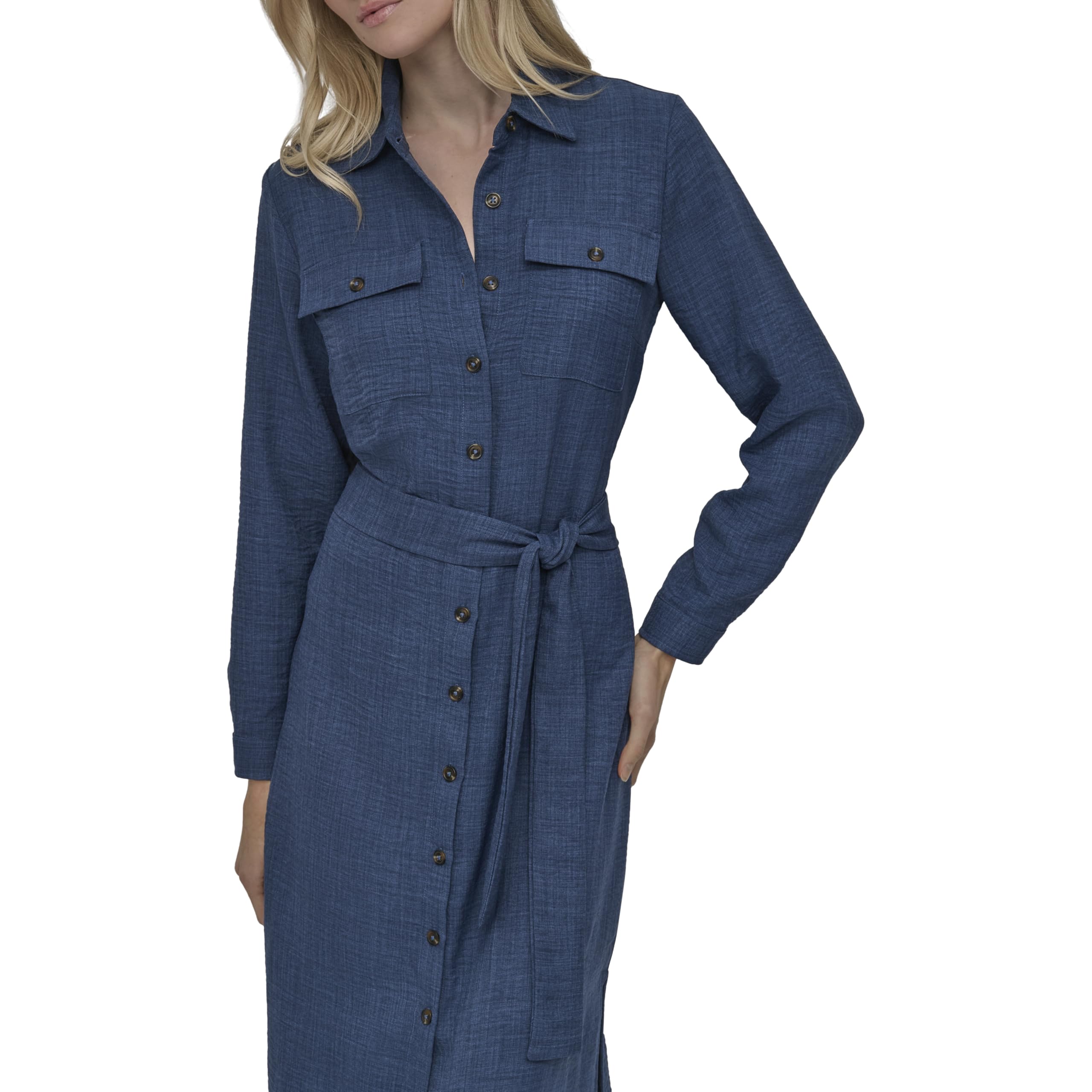 DKNY Long Sleeve Collared Tie Midi Shirtdress Vestito Donna (Pacco da 1)