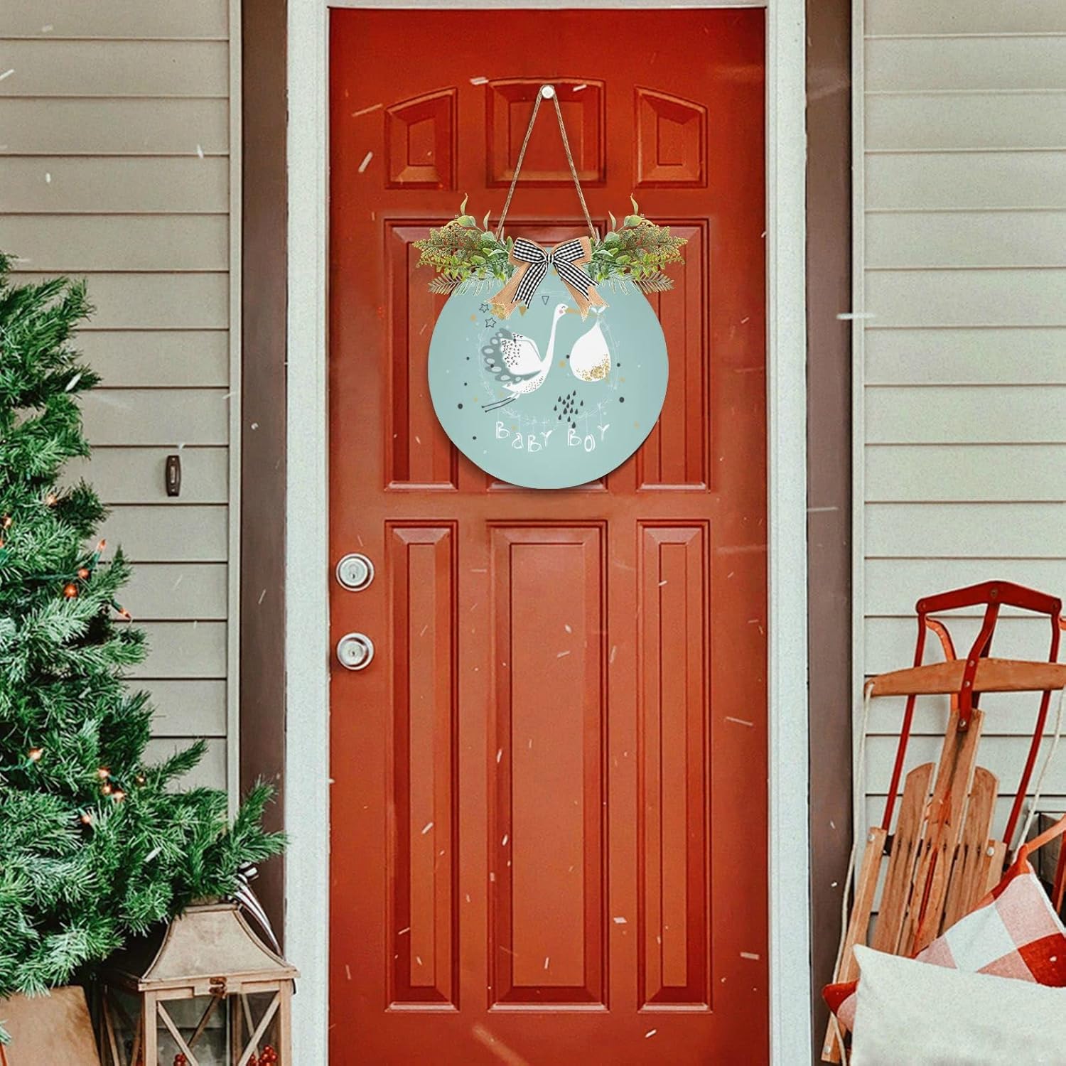 Baby Shower Welcome Sign for Front Door It's a Boy Crane Round Hanging Door Sign Wreath Rustic Wall Door Hanger Decor for Home Porch Office Garden Farmhouse Indoor Outdoor
