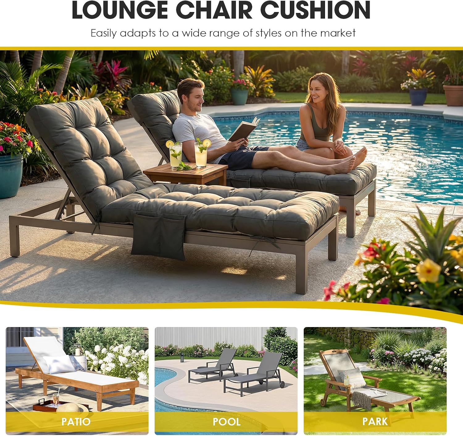 Yddsky Outdoor Chaise Lounge Chair Cushion,72"x22"x4" Lounge Chair Cushions Thickened with Pocket,Waterproof Replacement Patio Pool Lounge Chair Cushion for Outdoor Furniture with Ties,Dark Grey