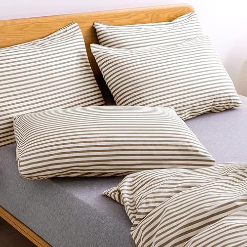 Miniatura 5 de JELLYMONI Juego de fundas de almohada 100% algodón natural a rayas, paquete de 2 fundas de almohada con estampado de rayas blancas y caqui con
