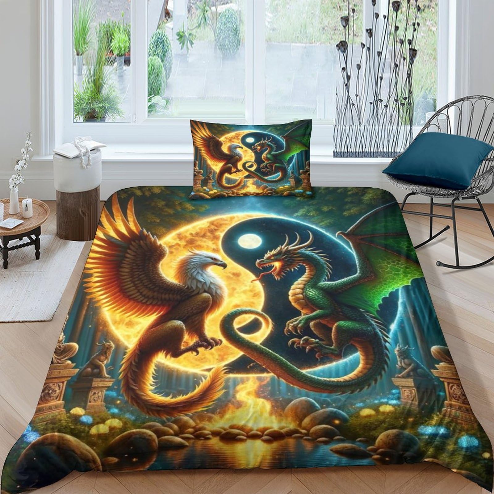 Parure de lit Yin et Yang avec housse de couette 3D dragon pour chambre