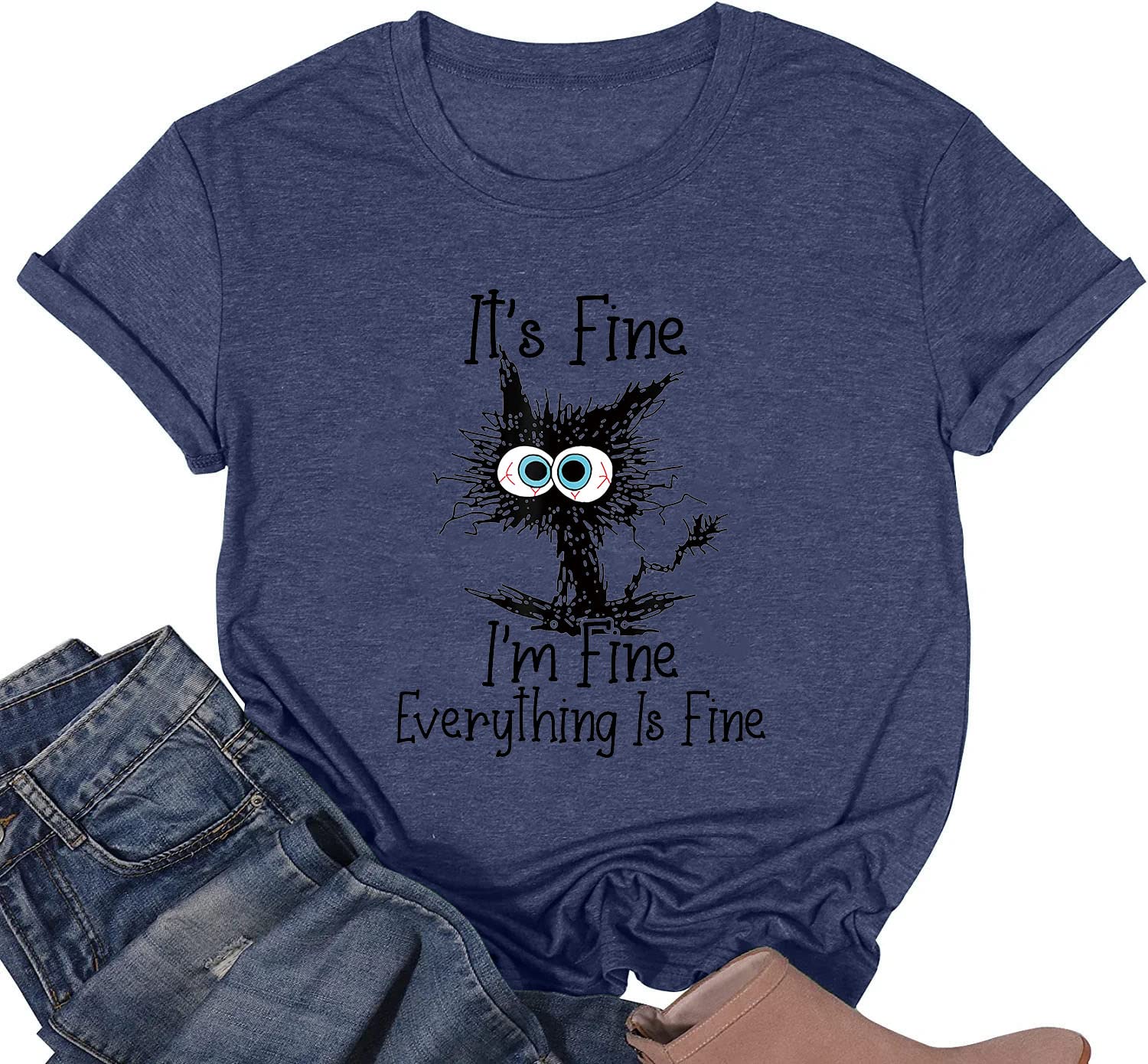 Brief TurboIt's Fine I'm Fine Everything is Fine Funny Cat Printed T-Shirt for Women Short Sleeve Graphic Womens Tee Tops