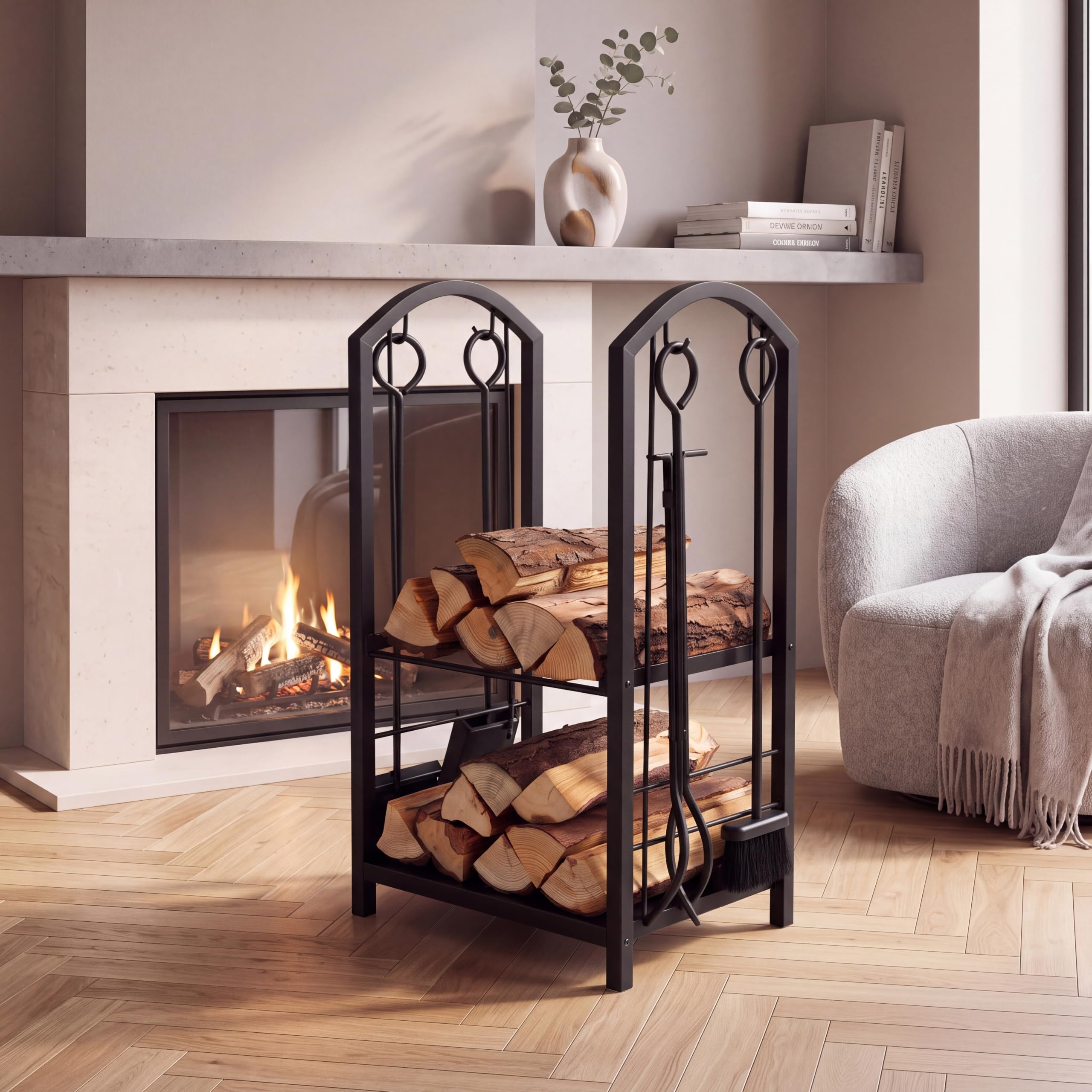 LIFEZEAL Kaminholzregal, Kaminholzständer mit 4 Kaminbesteck (Schwarz)