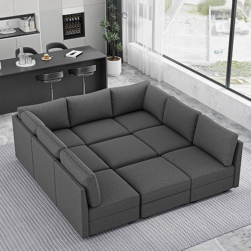 Modern 9-Seater Modular Sectional Sofa Couch, U Shaped Convertible Sofa Bed with Storage, Armless Linen Fabric L Shaped Cloud Couch for Living Room,