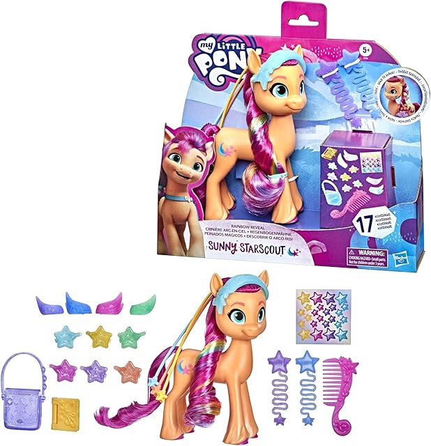 My Little Pony: A New Generation Rainbow Reveal Sunny Starscout - 15 cm Orange Pony Toy with Rainbow Braid, 17 Accessories