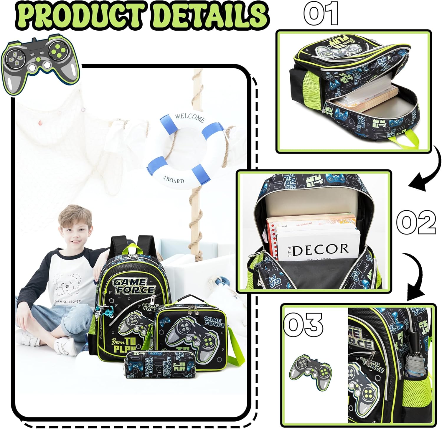 Meetbelify Kids Backpacks for Boys School Backpacks for Elementary Students Ages 8-10 Kids Travel Laptop Bookbag with Lunch Box Pencil Case 3 in 1 Backpack Set for Boys