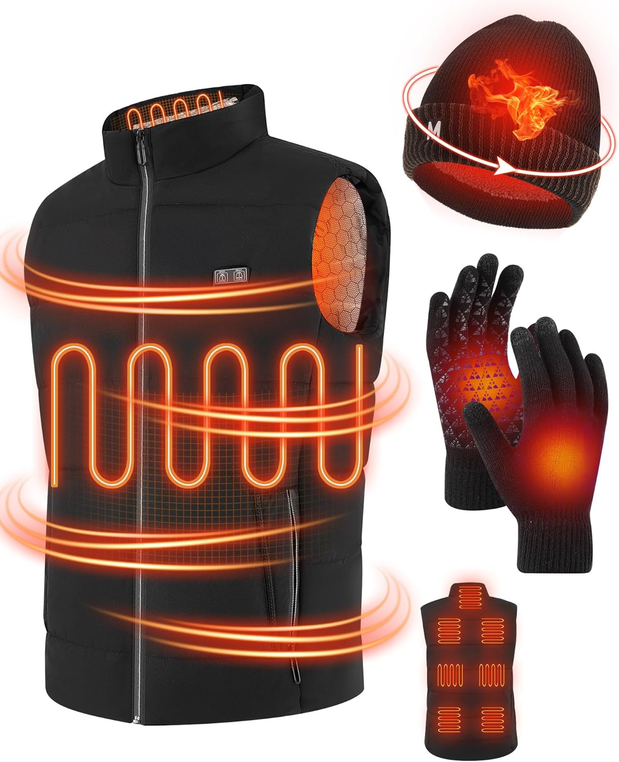 4 Pcs Heated Vest for Men with Hat and Gloves, Battery Not Included 9 Heating Zones Rechargeable Electric Jackets