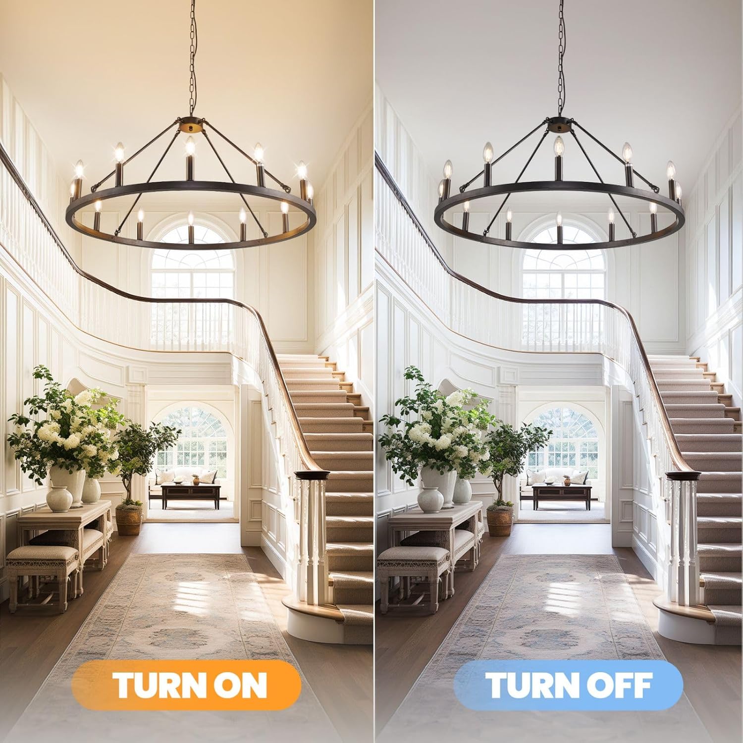 12-Light Black Farmhouse Chandelier, Large Wagon Wheel Chandeliers, Rustic Entryway Lighting Fixture, Foyer Chandeliers for High Ceilings, Round Chandelier for Living Room, Bedroom, Kitchen Island