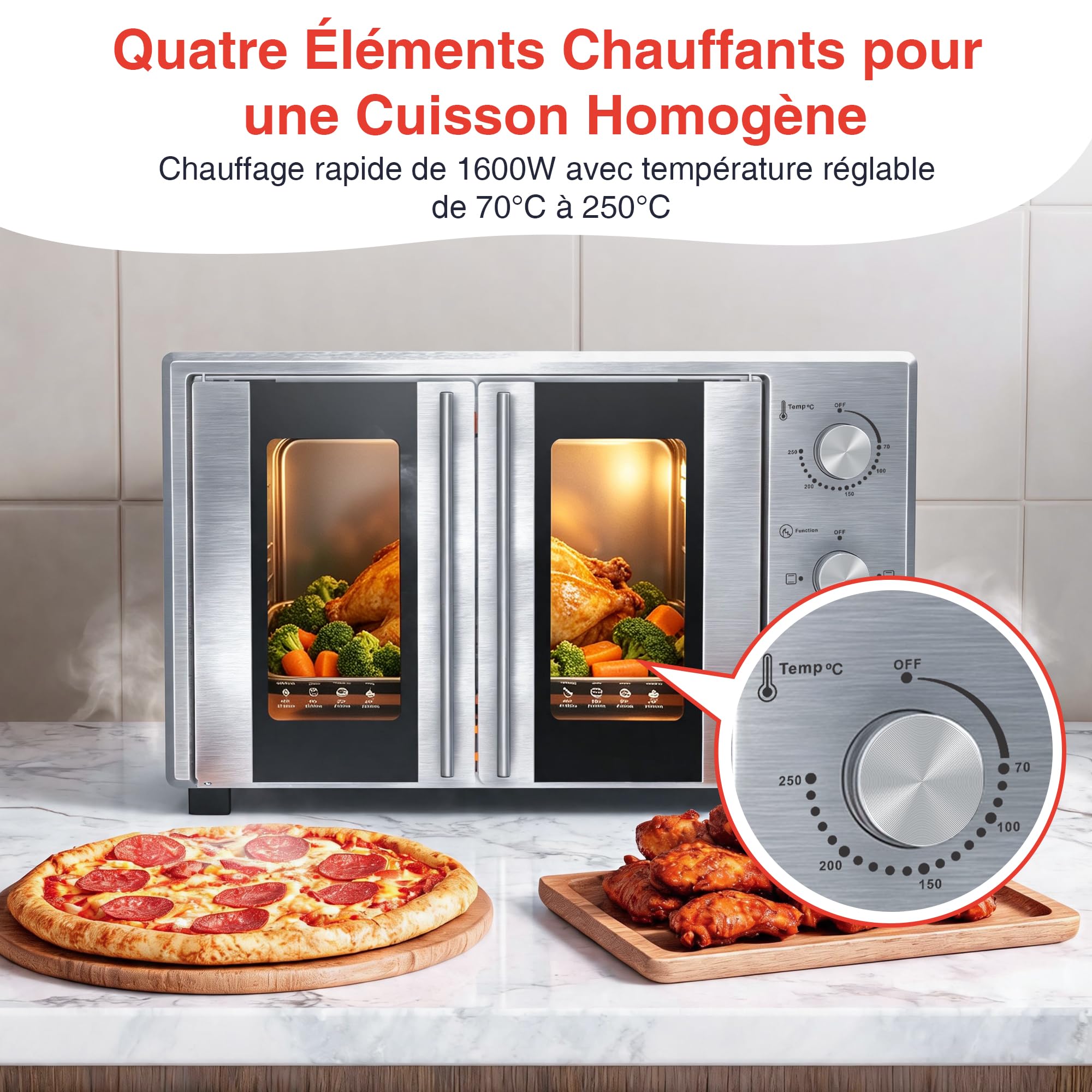 Mini Four Électrique 38L, Four Posable Double Porte 1600W | 3 Modes de Chauffage, Thermostat Réglable 250°C, Minuteur 60 min, Four à Pizza pour Pâtisserie, Poulet Rôti, Repas Familiaux