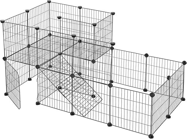 SONGMICS Guinea Pigs Cage, Metal Mesh Pet Playpen with Door, Customisable Fence for Small Animal, Rabbit, for Indoor Use, with Rubber Mallet, 143 x 73 x 71 cm Black LPI06H
