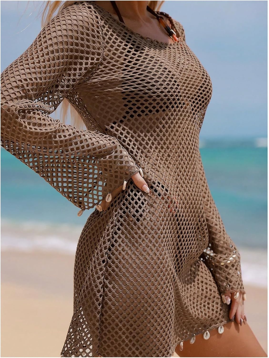RoseSeek Women's Boho Shell Decor Mesh Tops Beach Cover Ups Crew Neck Long Sleeve Cover-up Tops
