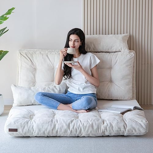 MAXYOYO Sofá cama plegable, puf copetudo con almohadas, colchón de piso para adultos, sofá de piso extra grueso y largo, sofá cama de piso Beige