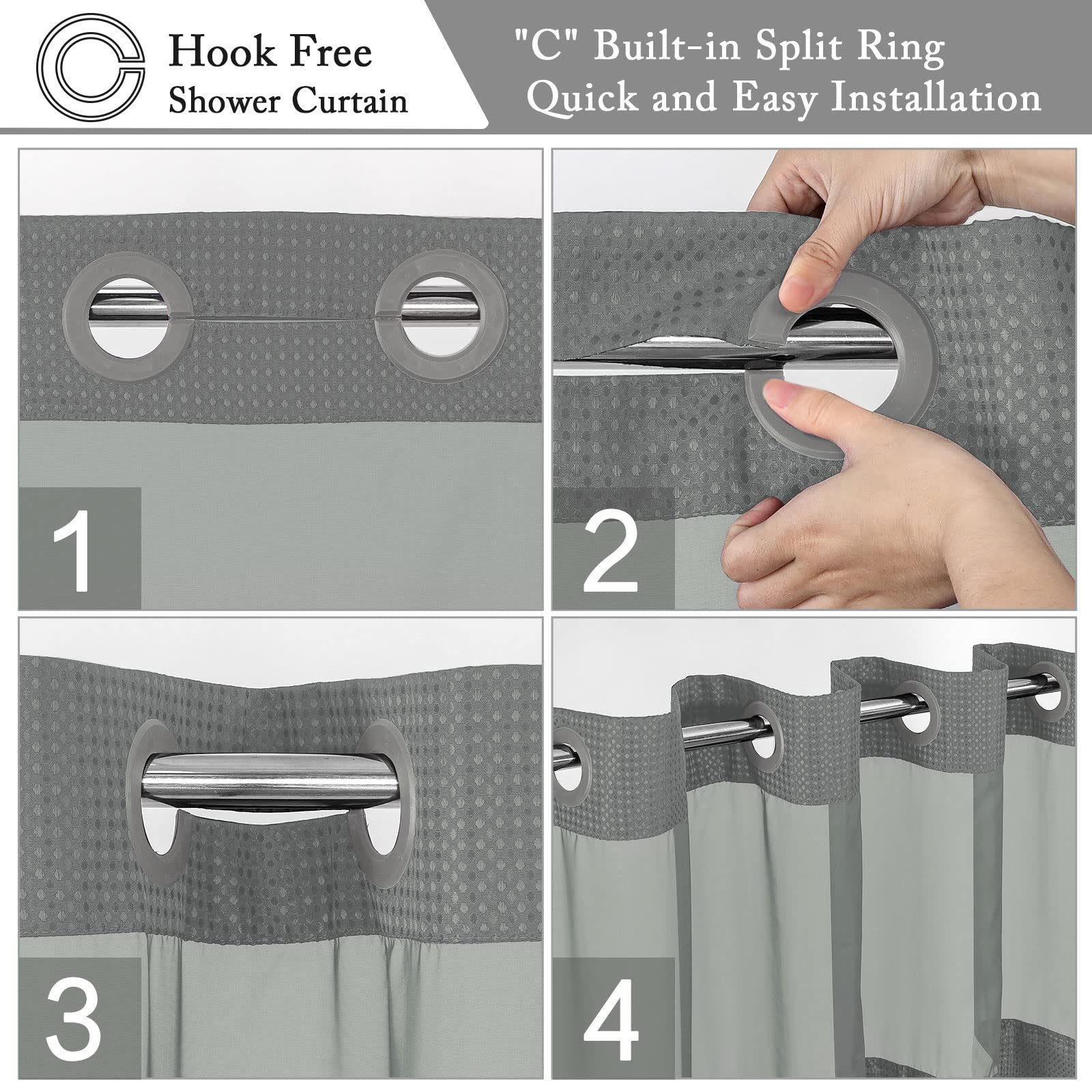 Gibelle Cortina de Ducha Extra Larga Gris de 72 x 86 Pulgadas, Tejido gofre con Forro de Tela a presión, no Necesita Ganchos, Estilo Hotel con Ventana Superior de Malla
