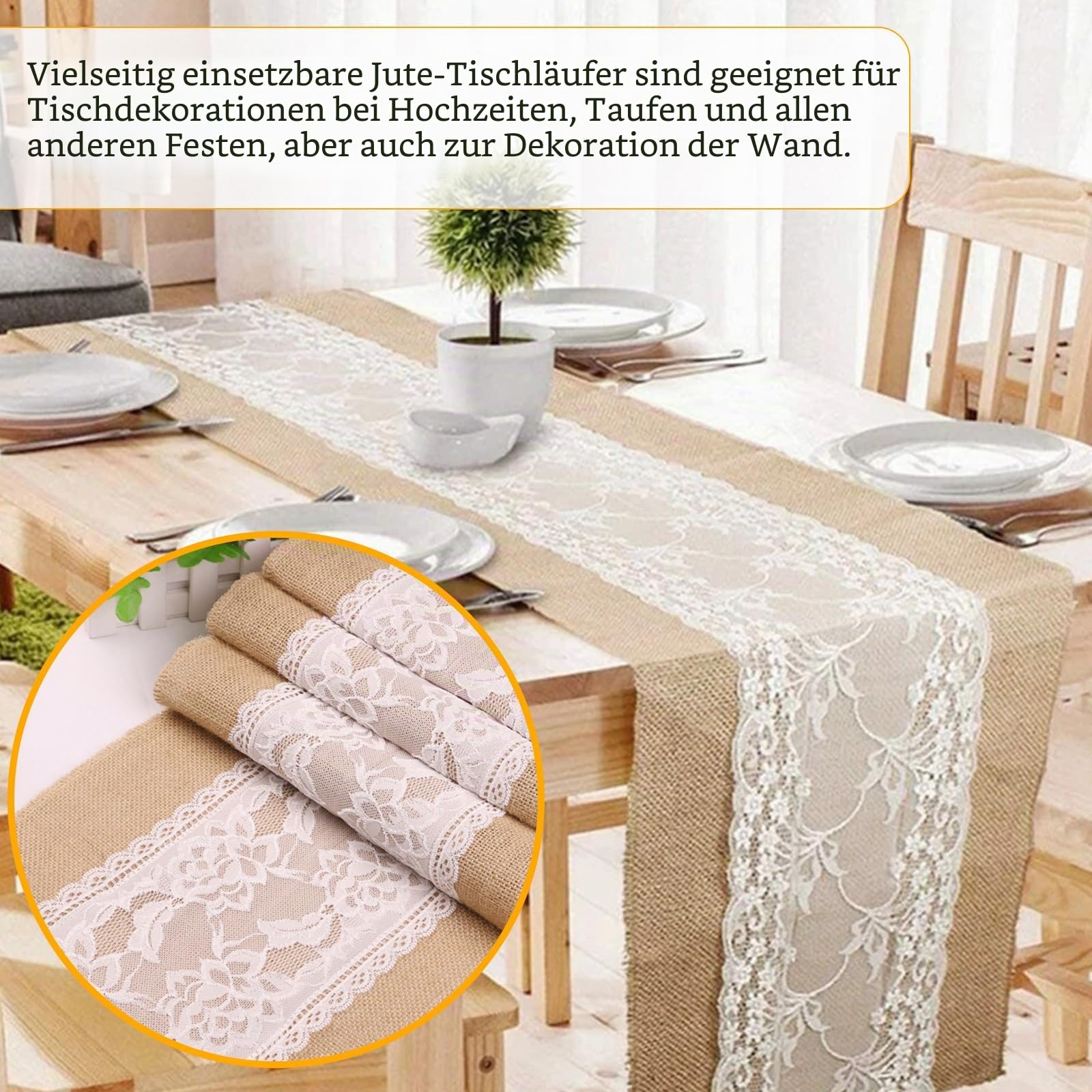 Tischläufer Jute mit Spitze Weiß 30CMx10M Natürliches Sackleinen Tischband,Tischläufer Weihnachten Läufer für Weihnachtsdeko Innen,Spitze Hochzeit für Festival-Ereignis Tischdekoration