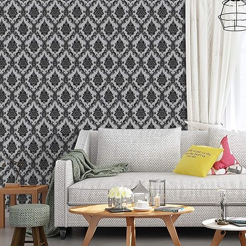 Miniatura 6 de Papel tapiz autoadhesivo de 17.7 x 197 pulgadas, color negro y plateado, papel de contacto de damasco, papel de contacto autoadhesivo de película de