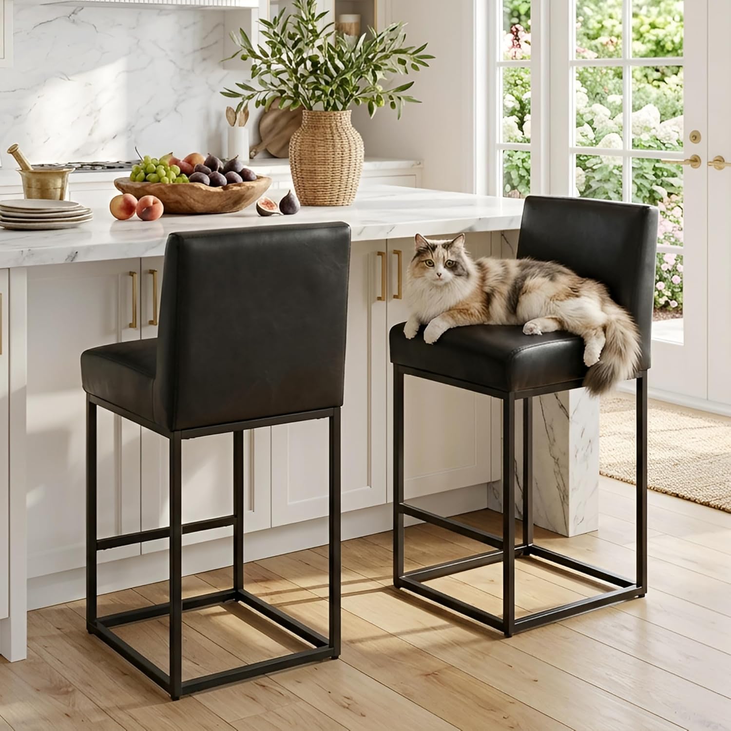 HNY Modern Counter Height Bar Stools Set of 2, Black Leather Upholstered Barstools with Back, 27 Inch Tall Bar Chair with Armless for Kitchen Island, with Black Metal Frame