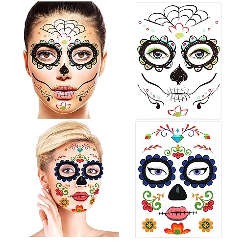 Miniatura 4 de Tatuajes faciales temporales de Halloween (paquete de 8 unidades), Konsait Día de los Muertos, calavera de azúcar, floral, negro, esqueleto, red de