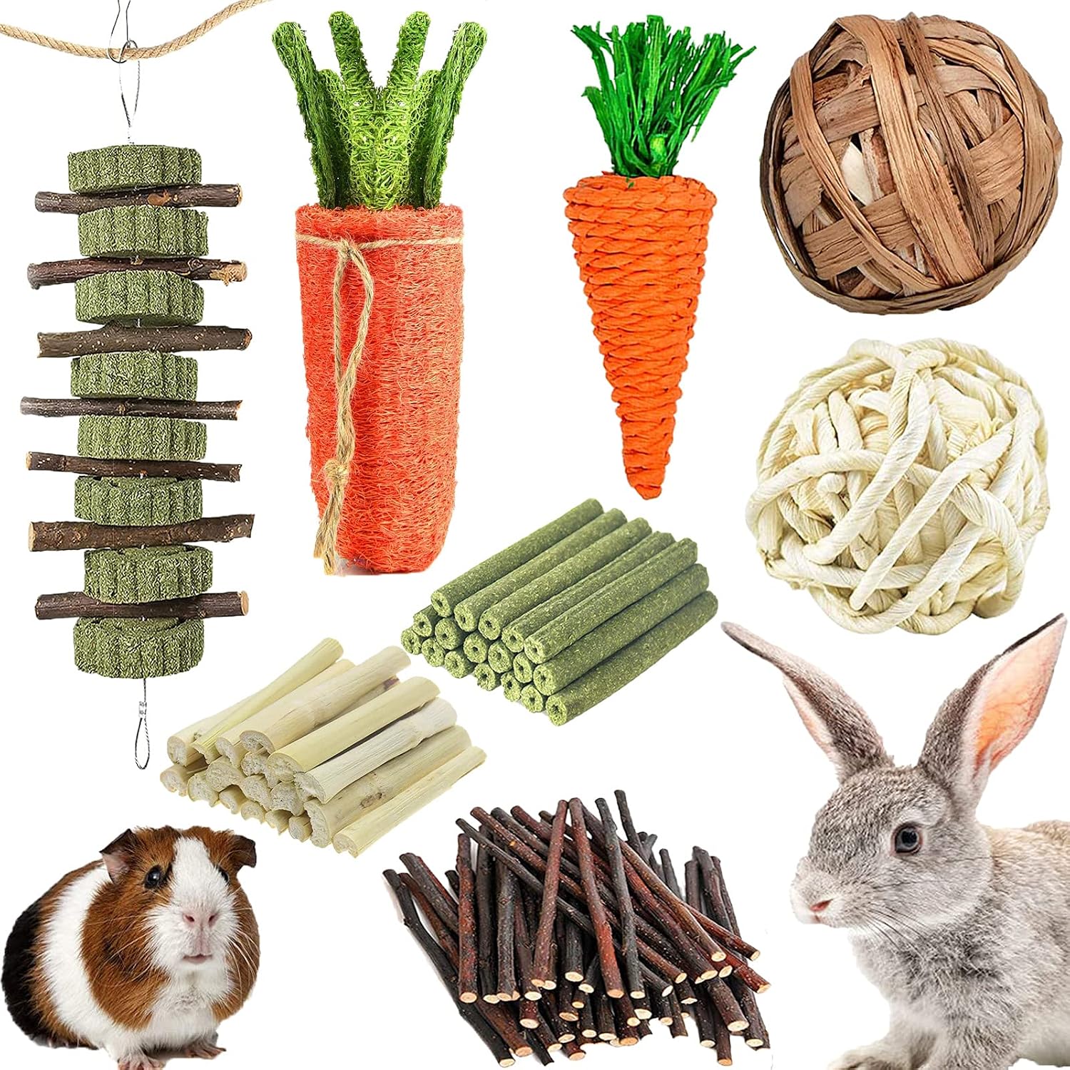 Bunny Chew Toys Teeth Grinding Toy Grass Cakes Loofah Carrot Rabbit Timothy Grass Natural Organic Sweet Bamboo for Parrot Chinchillas…