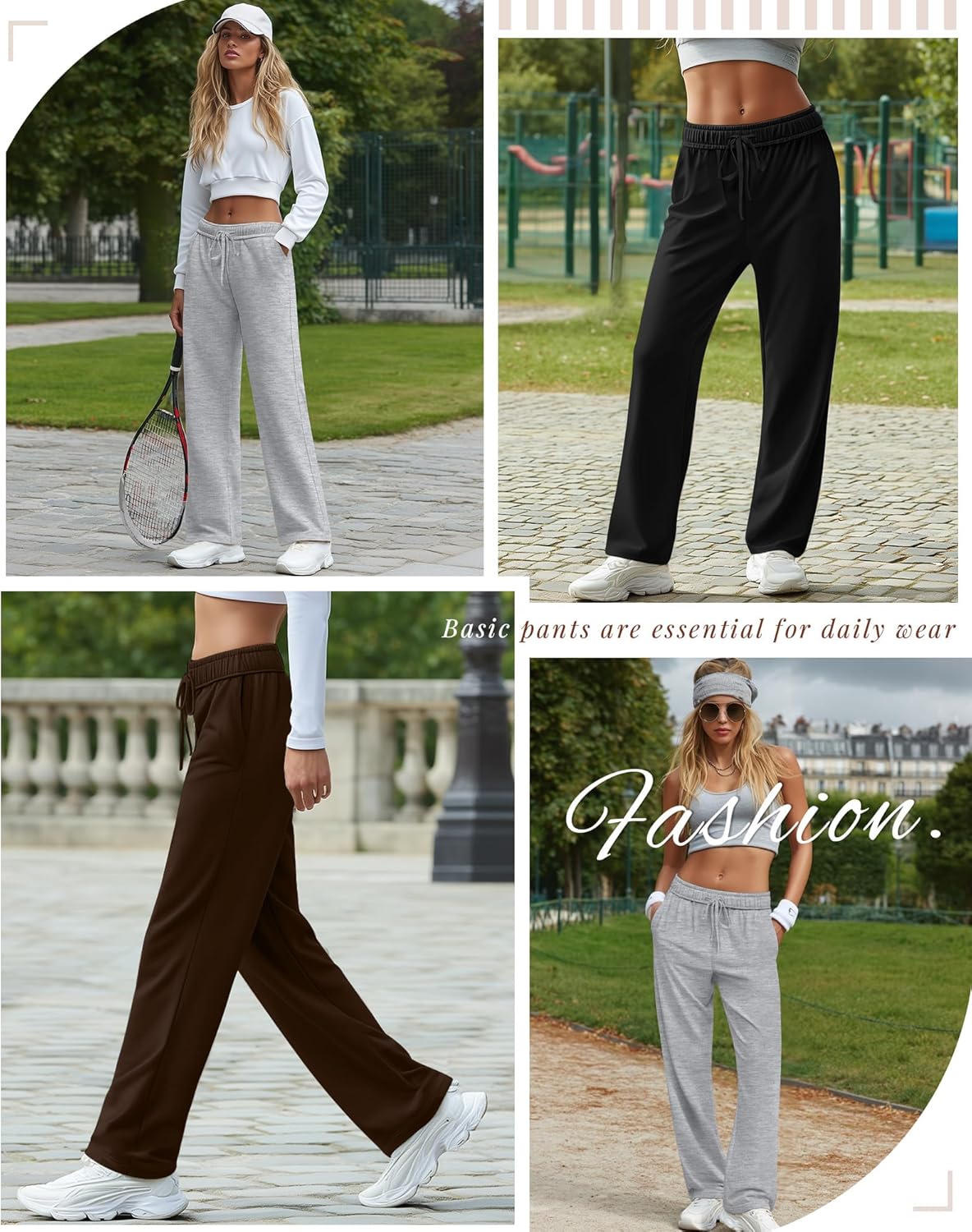 3 Pack Women's Wide Leg Sweatpants Interior Drawstring Baggy Sweatpant High Waisted Casual Jogger Pant with Pocket