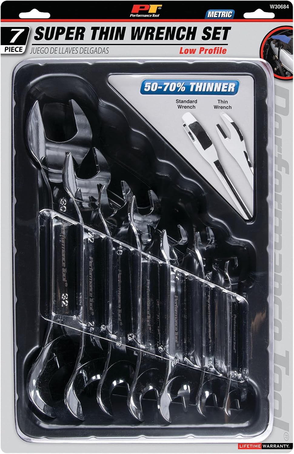 Performance Tool W30684 7Pc Super Thin Met Wrench Set, Including 8 x 10mm, 12x 13mm, 14 x 15mm, 16 x 17mm, 18 x 19mm, 22 x 24mm, 30 x 32mm With Storage Tray