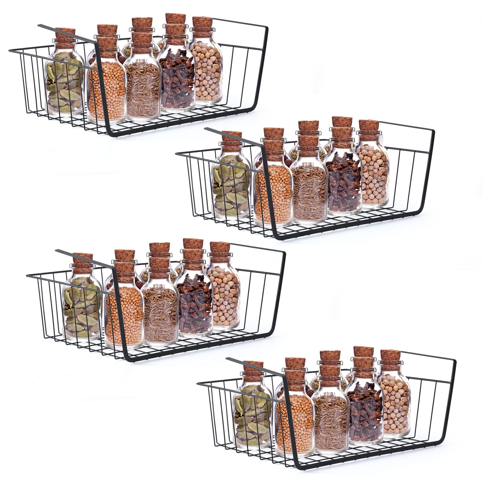Cesta de alambre para almacenamiento debajo del estante, color negro, paquete de 4 unidades de 14.2 pulgadas de largo x 9.5 pulgadas de ancho x 5.5 pulgadas de alto, soporta 22 libras cada una