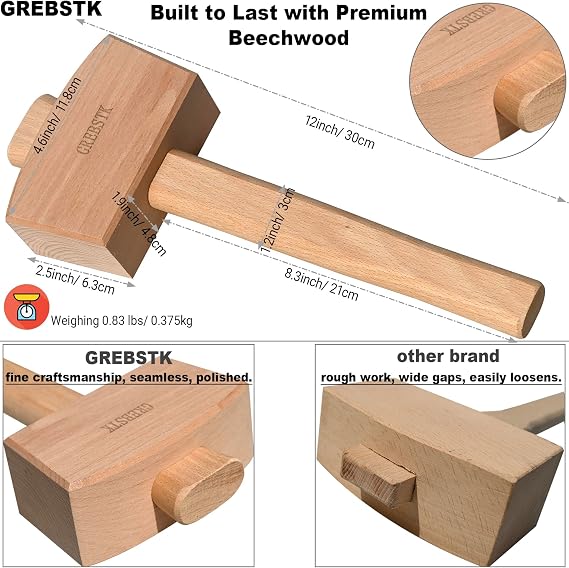 GREBSTK Beech Wood Mallet - Woodworking Hammer & Ice Crusher for Cocktails, Perfect for Chisels, DIY, Bar Tool, Polished Solid Hardwood, 12 Inch
