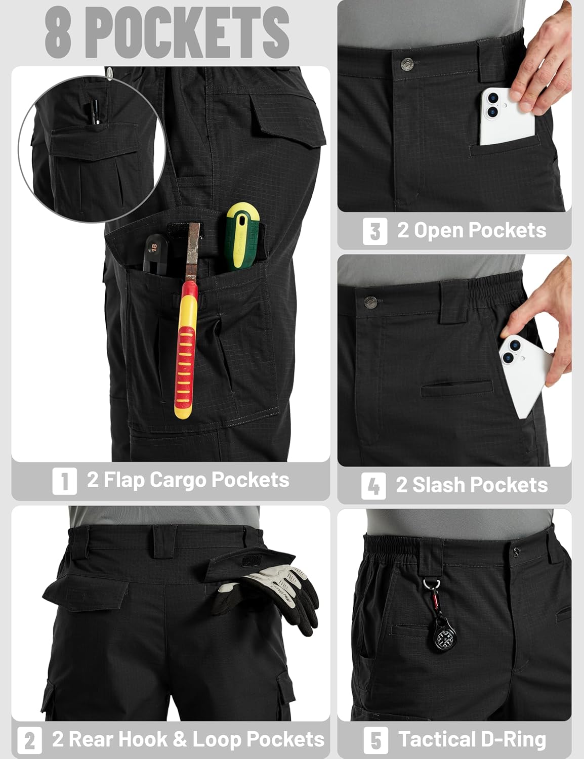 TACVASEN Men's Tactical Pants Water Resistant Ripstop Cargo Work Lightweight Stretch Hiking EDC Outdoor Pants 8 Pockets - Image 5