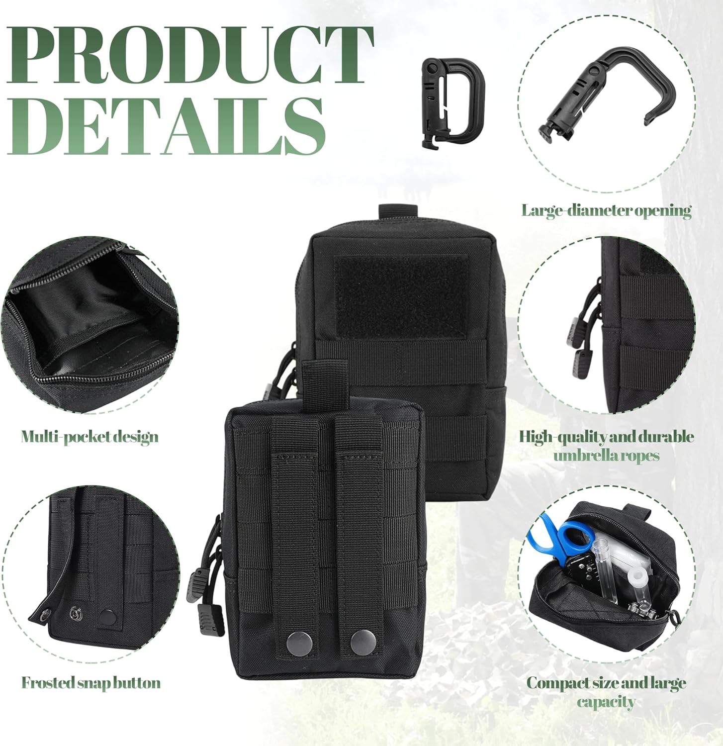 8 Pcs Molle Pouches Tactical Molle Pouch Vest Pouch Cell Phone Belt Pouch Waterproof Waist Bag Pack Utility EDC Pouch Bag Compact Accessories Gadget Pocket Organizer with 8 Pcs D-Ring Grimlock（Black）