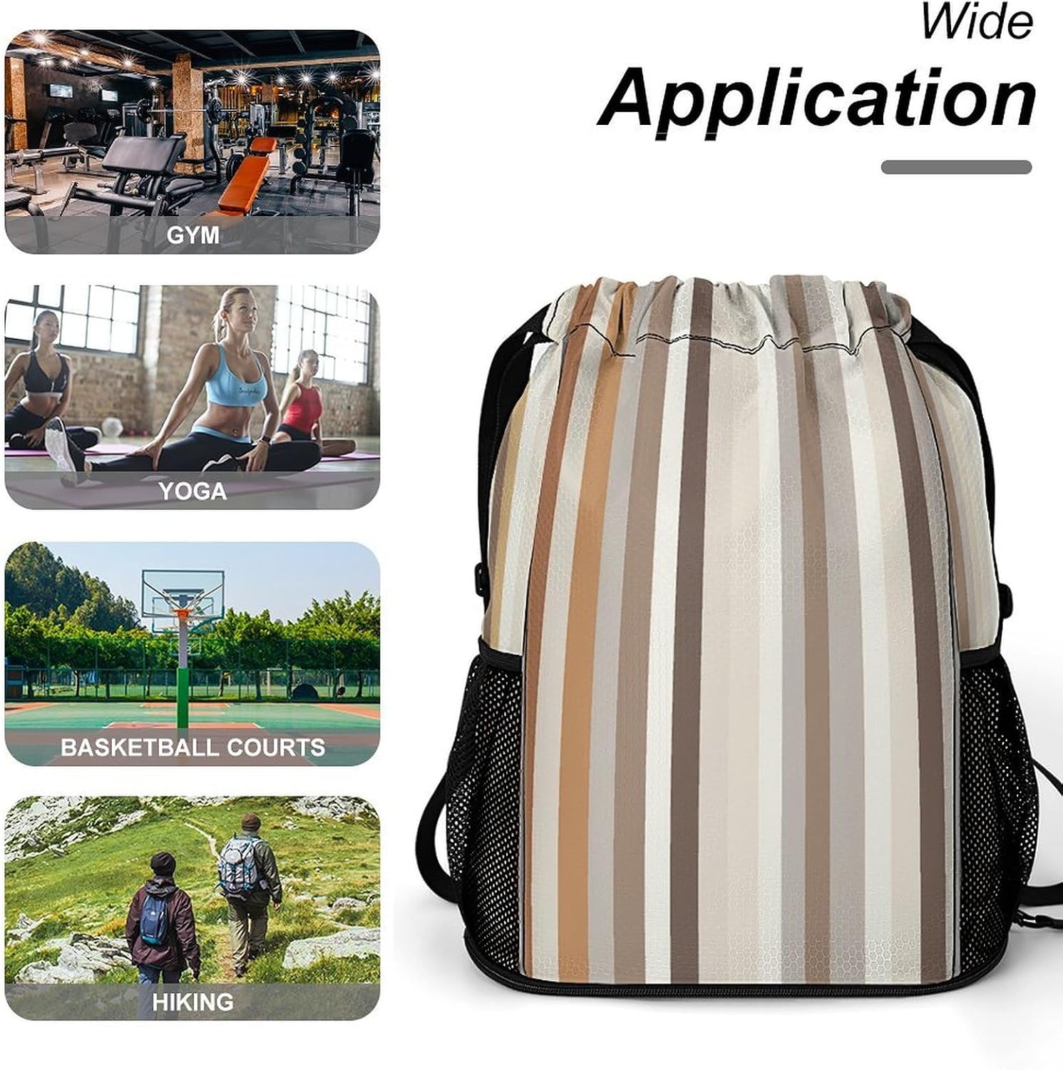 Brown And Gray Drawstring Backpack with Wet Pocket - Large Capacity Gym Bag with Shoe Compartment & Mesh Pockets, Adjustable Lightweight Gym Backpack for Swimming, Travel, Workout