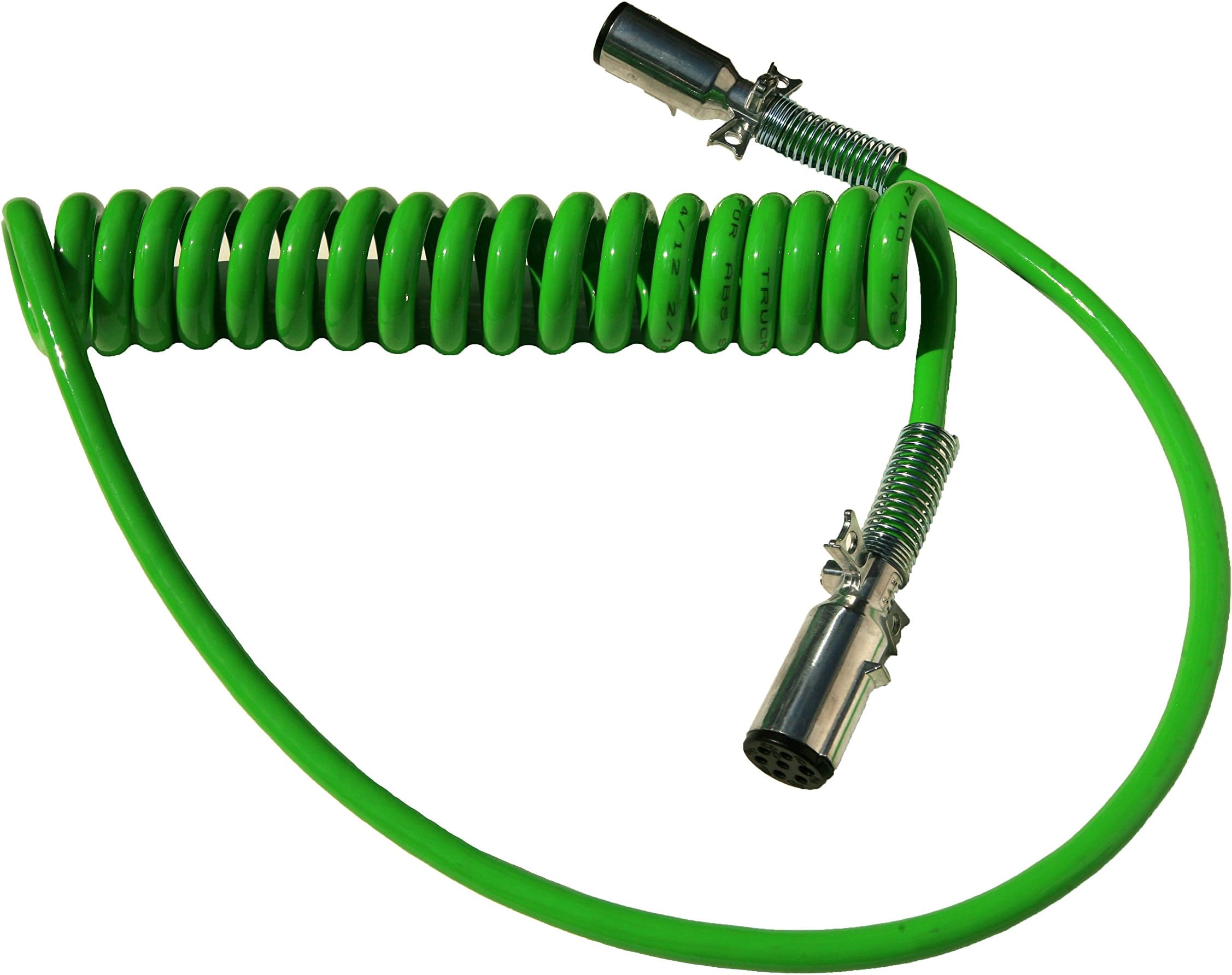 7-Way Truck and Trailer Electrical Coiled Cable ABS Duty Green, 15' Length; 1 X 12 & 1 X 40 Leads