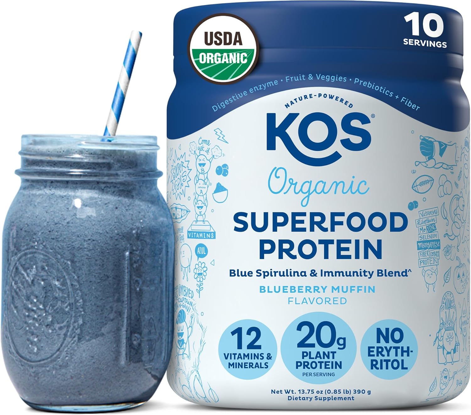 KOS Plant Based Protein Powder, Blueberry Muffin - Organic Pea Protein Superfood with Spirulina and Immune Support Blend. Soy, Gluten, Dairy Free - Vegan Meal Replacement for Women & Men - 10 Servings