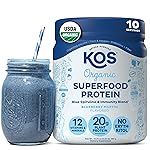KOS Plant Based Protein Powder, Blueberry Muffin - Organic Pea Protein Superfood with Spirulina and Immune Support Blend. Soy, Gluten, Dairy Free - Vegan Meal Replacement for Women & Men - 10 Servings