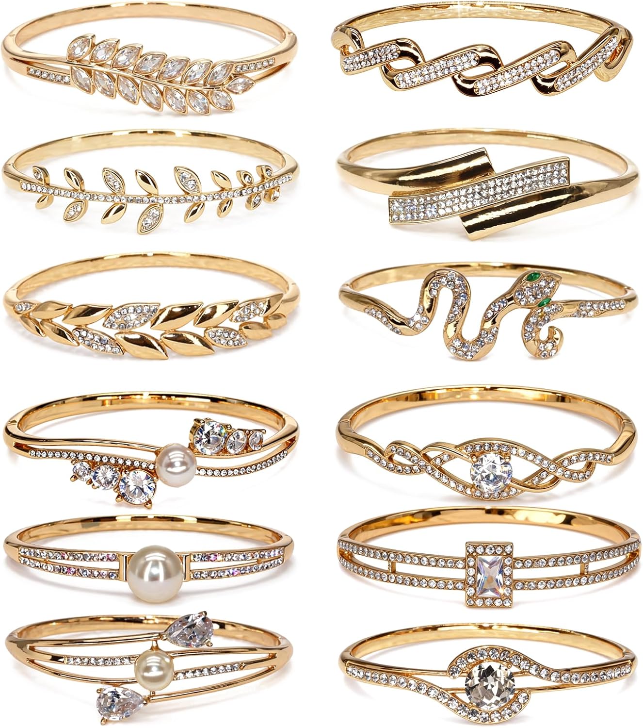 12 Pack Women's Zinc Alloy Fashion Jewelry Gold/Silvery Bangle Bracelet Bulk Set with Wheat/Olive Branch, Chain, Snake Shape, Pearl, Twisted Texture & Diamond-Embedded Square/Circular Stone Designs - For Daily Wear, Special Occasions & Women Gift for Her, Girlfriend, Wife, Mom, Sister, Lover on Birthday, Christmas, Valentine's Day, Mother's Day