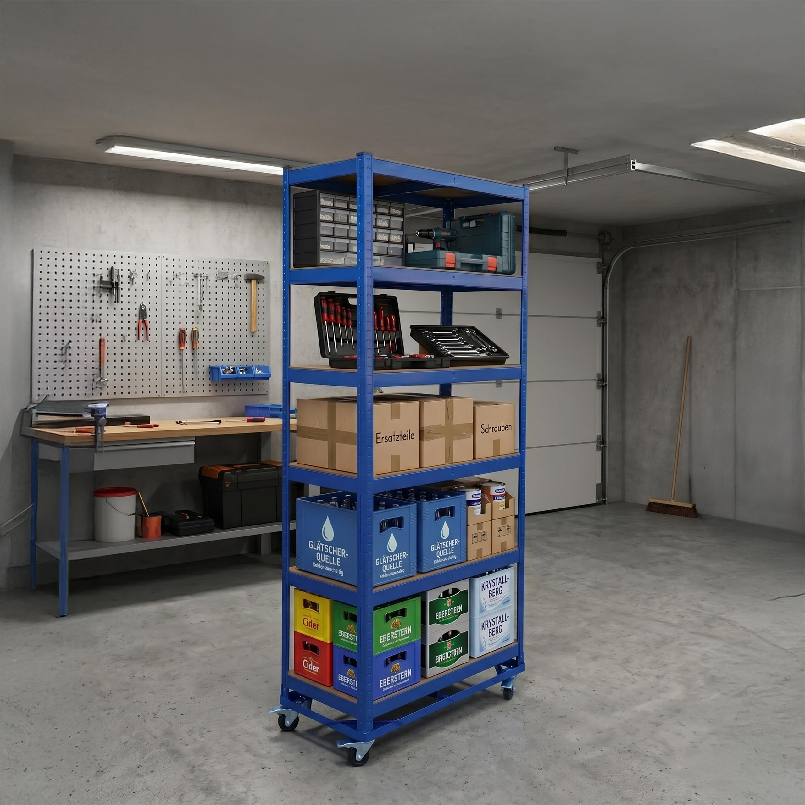 Relaxdays estantería Industrial con Ruedas, 209x90x40 cm, 900 kg, 6 baldas, Acero, Sistema de Montaje, Azul