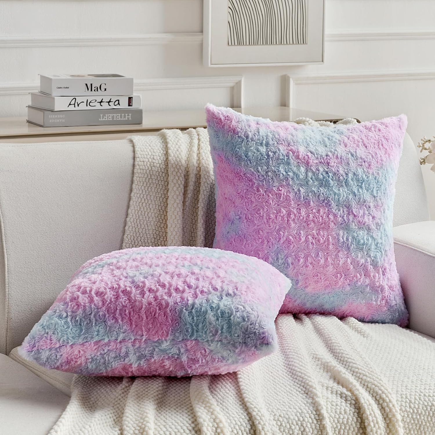 FUTEI Purple Decorative Throw Pillow Covers 18x18 Inch Set of 2,Soft Cozy Colorful Rose Swirl Texture Cushion Case,Valentine's Day Home Decor for Couch Bed Living Room