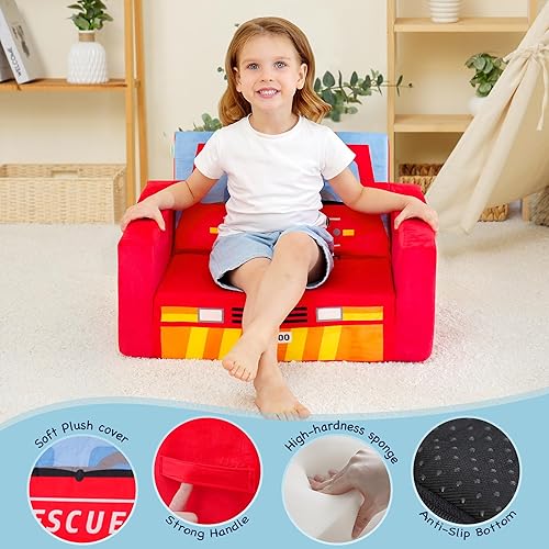 Miniatura 5 de MallBest Sofás para niños, sofá cama tapizado para bebé, silla reclinable abierta (rojo/camión de bomberos) 2-Rojo/Camión de Bomber,Negro/Coche de