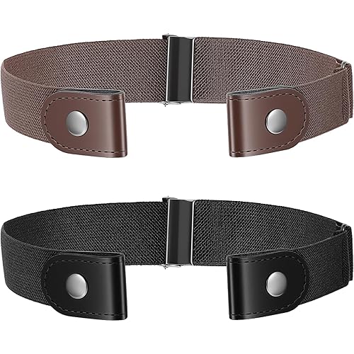 2PCS Adjustable Elastic Belts for Women, No Buckle Belts for Men Invisible Stretch Belt for Jeans Pants Black and Brown