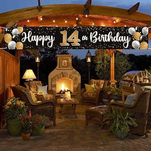 Vista 154 de Cartel de feliz cumpleaños 25 negro y dorado para patio, cartel de felicitación a 25 años de edad, telón de fondo fotoprop para el hogar, decoración