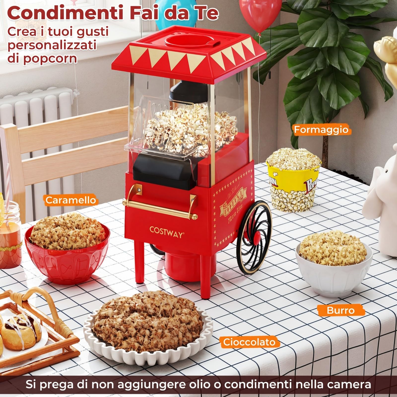COSTWAY 1200W Macchina Pop Corn, Macchina Popcorn ad Aria Calda con Misurino Pronta in 2 Minuti, Senza Olio, Design Retro e Portatile per Serata Cinema Casa