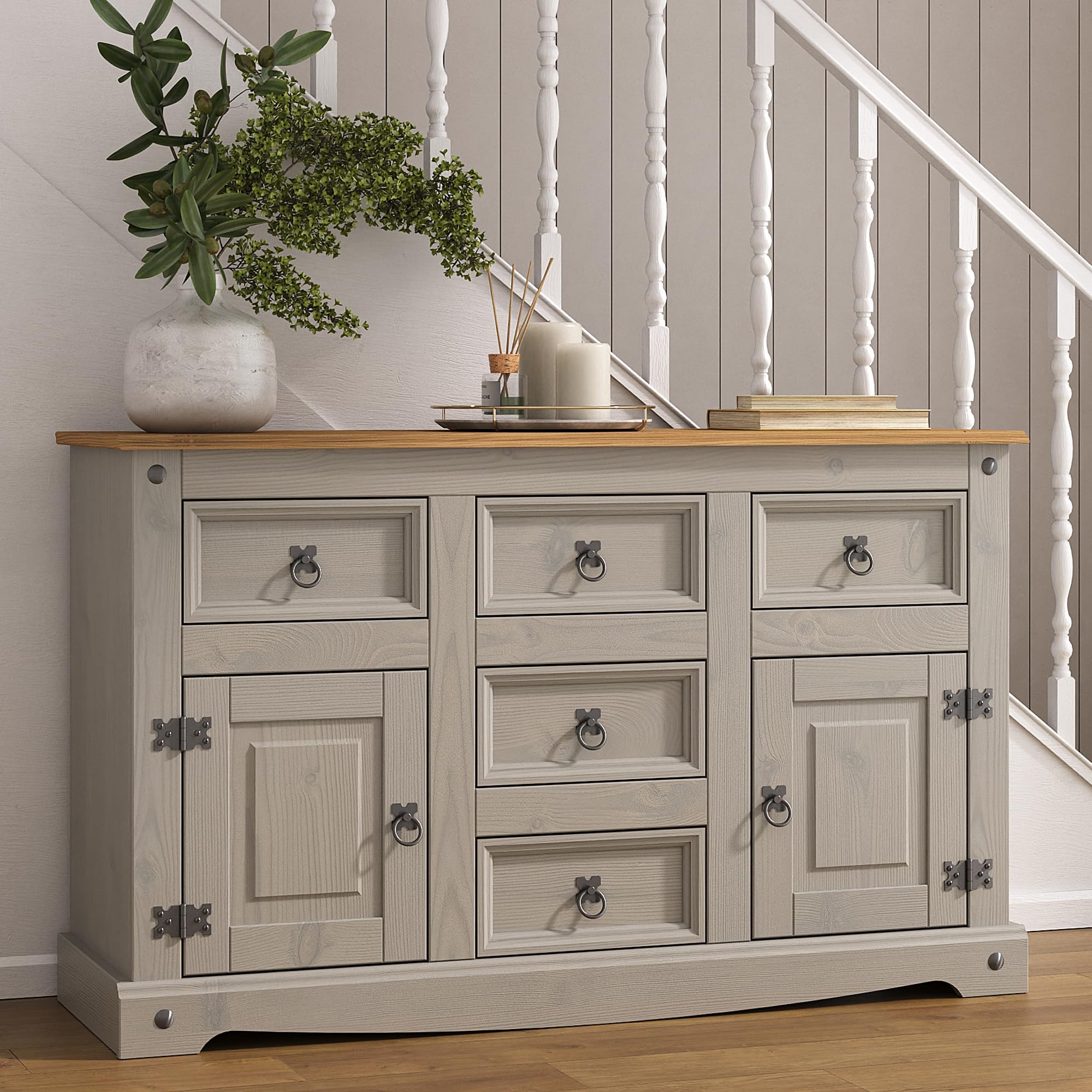 Corona Grey Sideboard 2 Door 5 Drawer, Solid Mexican Pine, W 125 cm x D 40 cm x H 76 cm