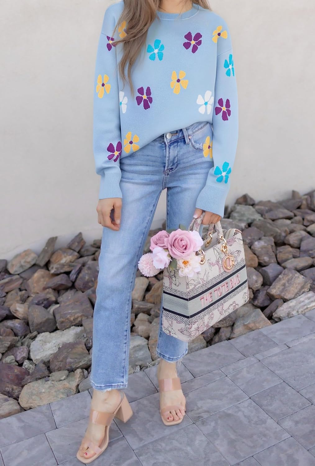 Flower Sweaters for Women Floral Print Pullover Cozy Knit Sweater Crewneck Long Sleeve Shirts Cute Outfits Tops - Image 4