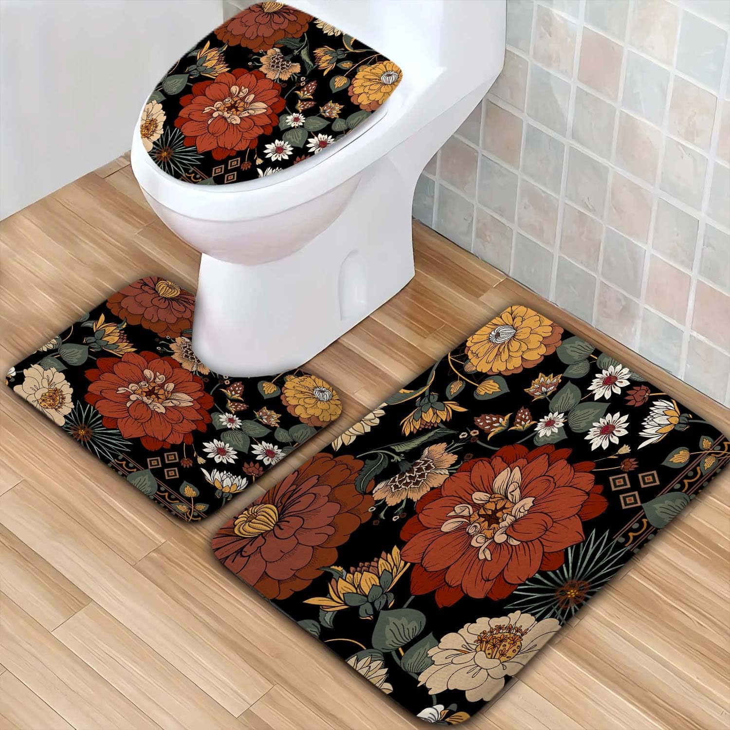 Floral Botanical Shower Curtain Set with Rugs, Abstract Mid Century Morden Boho Flowers Tropical Leaves Bathroom Accessories Sets Non-Slip Mats, Bath Curtains Bath Mats Toilet Lid Seat Cover