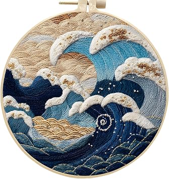 FONNUY Embroidery Kit for Beginners, Stormy Sea Wave Flowers Pre-Stamped Pattern Kits for Adults with Hoop, Easy to Follow Color Thread Needlework, 8 Hoop Brown