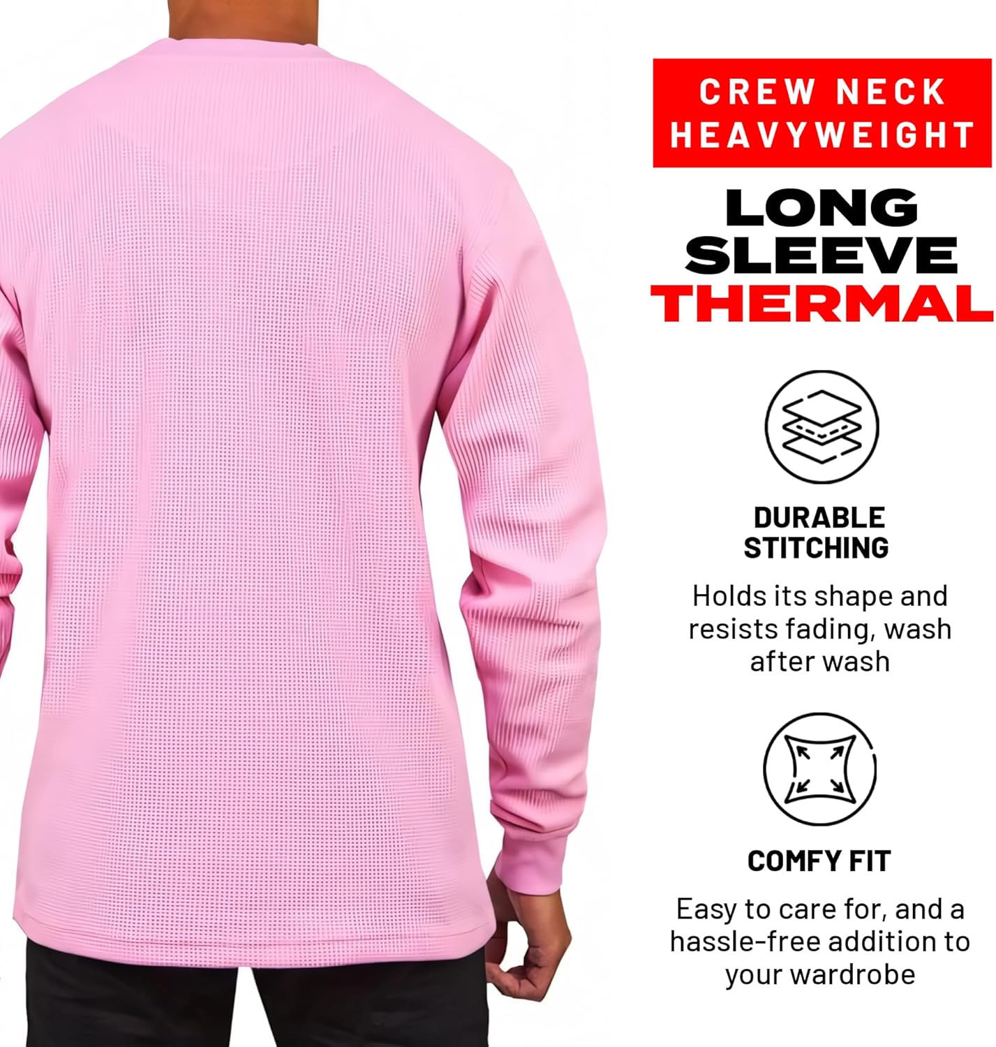 Access Men's Heavyweight Long Sleeve Thermal Crew Neck Top Light Pink, Large - Image 2