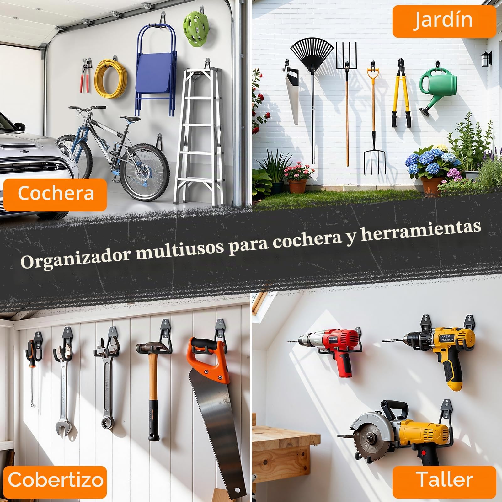 Housolution Ganchos de Acero, 30 Pcs, Negro | Antideslizante con Revestimiento Antideslizante,Ganchos Pared con Organizador de cables para Bikes, Herramientas, Escaleras