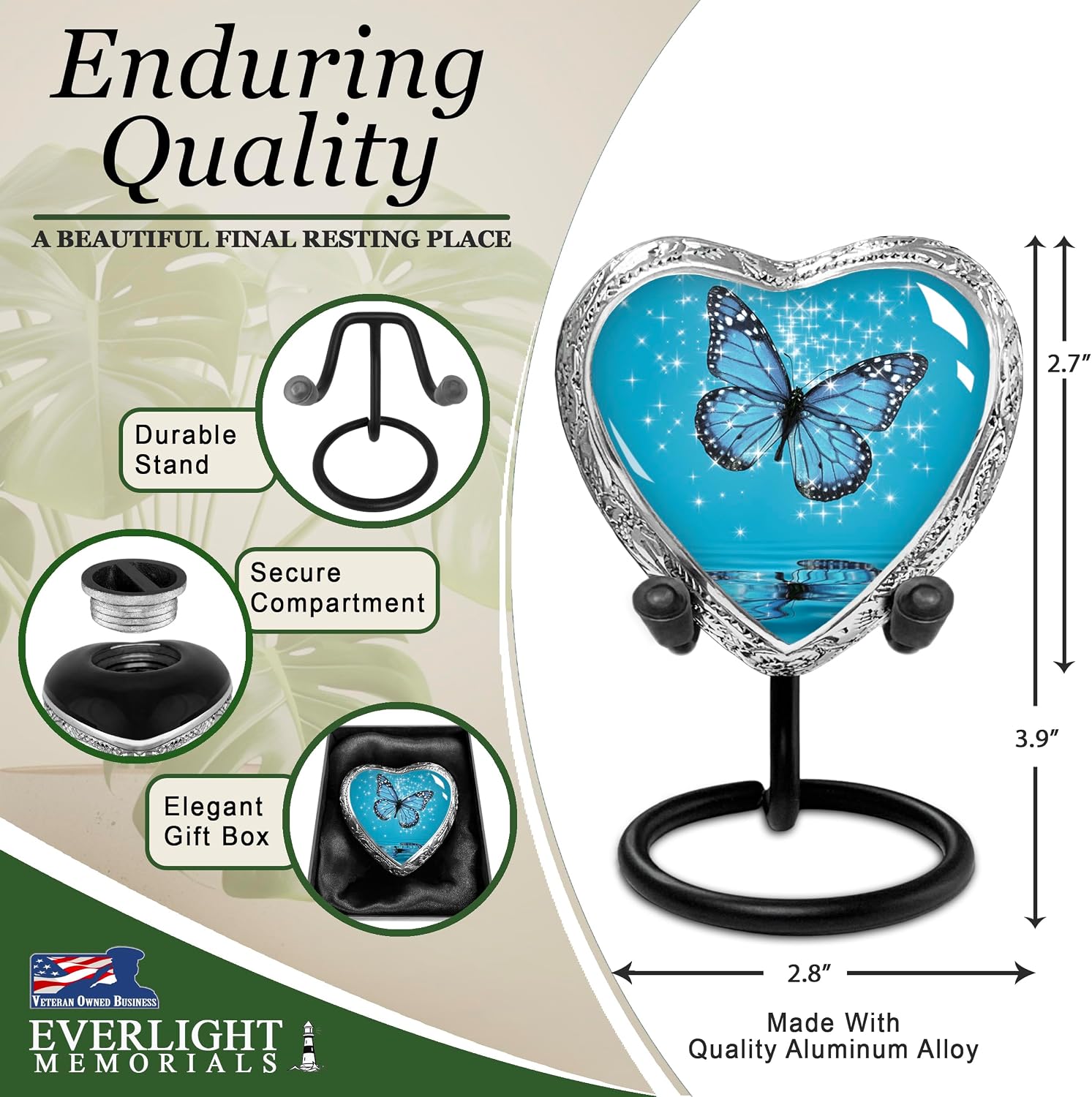 Light Blue Butterfly Heart Keepsake Urn for Human Ashes – Small Sharing Cremation Urn for Adult Female or Male, Memorial Heart with Stand for Men & Women